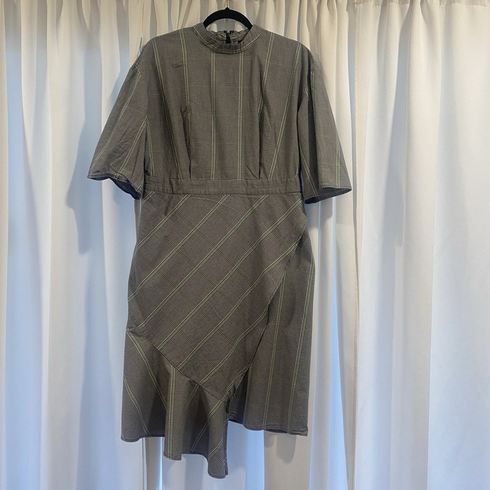Who What Wear Women's Dress Size L Gray Green Houndstooth Plaid Mock Neck